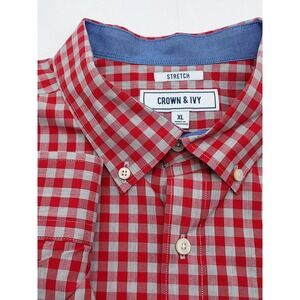 Crown & Ivy Mens XL Red Gray Gingham Stretch Long Sleeve Button Down Shirt